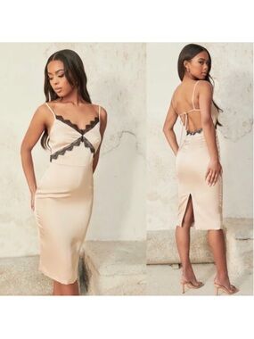 NWT Lavish Alice Contrast Lace Open Back Champagne Midi Slip Dress Size 10